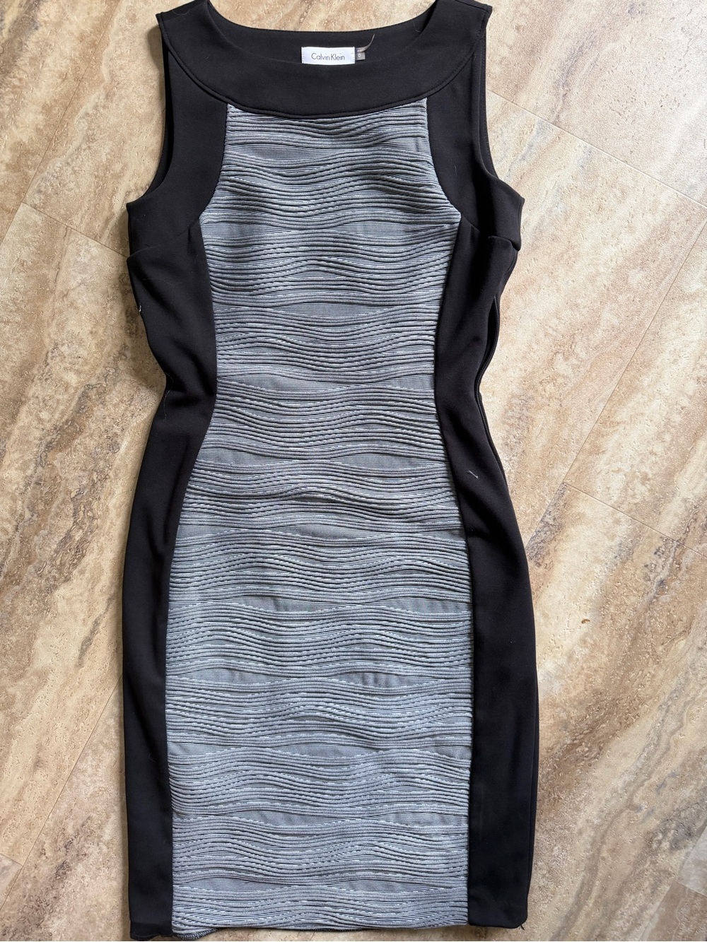 Calvin Klein Black and Gray Wave-Texture Sheath Dress